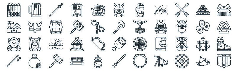 viking thin line icon set such as pack of simple viking ship, hammer, sea, money, valkyrie, barrel, gold icons for report, presentation, diagram, web design