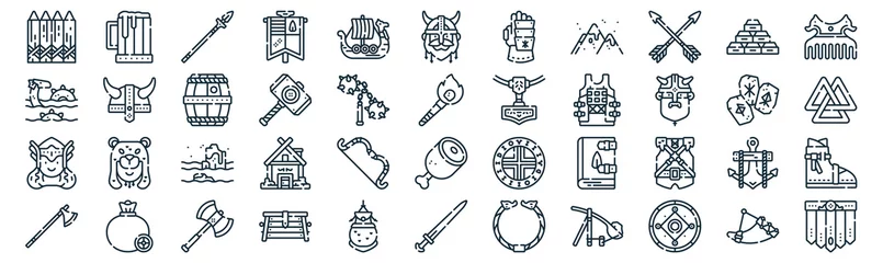 Muurstickers Viking dunne lijn icon set zoals pack van eenvoudig Vikingschip, hamer, zee, geld, Valkyrie, vat, gouden pictogrammen voor rapport, presentatie, diagram, webdesign © MacroOne