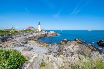 Portland Head Lighthouse is a historic lighthouse built in 1791 in Cape Elizabeth, Maine ME, USA. 