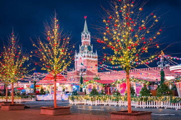 Moscow. Russia. Red Square on Christmas night. New Year in the center of Moscow. Celebrating...