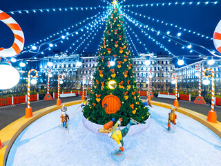 Christmas tree in Saint Petersburg. Russia winter. Christmas tree in middle of cat. New Year's decorations in Saint Petersburg. Russian fairy tale characters. Place for Christmas festivities Russia
