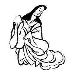 平安時代の貴族の女性・全身手描きイラスト　毛筆　筆絵　墨　シンプル　着物　和風　日本の歴史