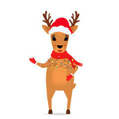 Christmas reindeer in a Santa Claus hat and a scarf