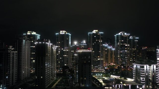 Night city Kiev. Ukraine. Modern architecture. Drone video. Night