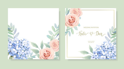 Frame border background. Floral wedding cards set with hortensia, rose and eucalyptus branch. Vector illustration.