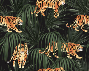 Jungle exotic seamless pattern, green tropical leaves and tigers, summer vector illustration on black background. Retro animal print. Vintage wallpaper
