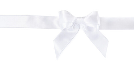 Fototapeta premium Satin ribbon with bow on white background, top view