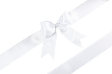 Satin ribbons with bow on white background, top view