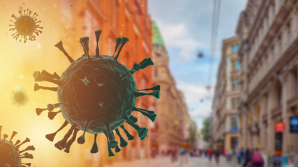Omicron lockdown concept. COVID-19 virus in city. Coronavirus molecules next to blurred town...