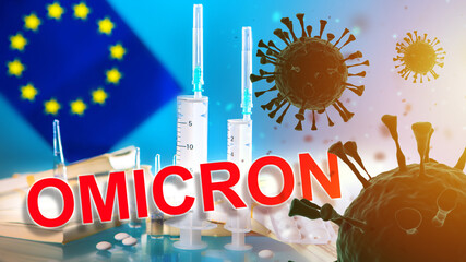 Omicron COVID-19 in European Union. Mutated variant Coronavirus. Delta plus is strain of infection in European Union. Coronavirus SARS-CoV-2 molecules near syringes. Omicron Virus strain. Art blurred