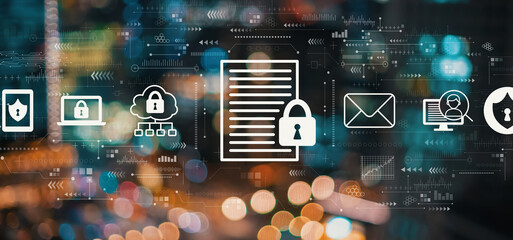 Data protection concept with blurred city abstract lights background