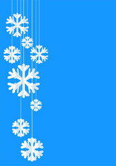 Fototapeta na wymiar Hanging white paper snowflakes on blue background.