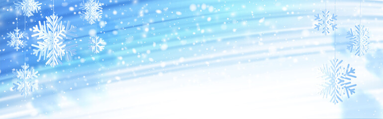 Fototapeta na wymiar Hanging white paper snowflakes on blue snowy background.