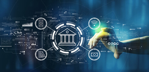 Obraz premium Online banking concept with hand pressing a button on a technology screen