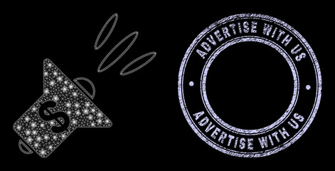 Light mesh web banking advertising megaphone icon with glow effect on a black background, and round Advertise with Us dirty stamp seal. Vector frame is created from banking advertising megaphone icon,