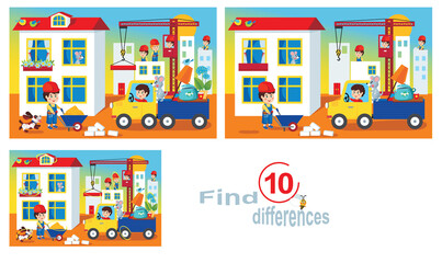 Building a house for friends.Find 10 differences, a children's educational game.