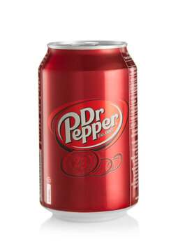 LONDON,UK - OCTOBER 21, 2021 : Aluminium can of Dr.Pepper original soft soda drink on white background.