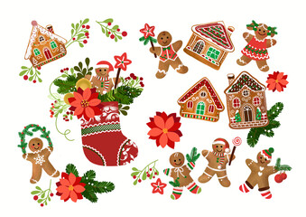 Colorful flat lay set of gingerbread men and houses Christmas gifts Christmas Sock Boot for Gift Merry Christmas stocking ideas illustration
