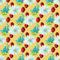 Fototapeta na wymiar Bright chamomile flowers and strawberries isolated on yellow background