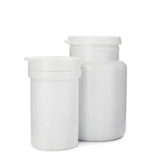 Bottles with pills isolated on white. Medicament