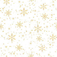 Golden snowflakes and dots on white background. Noble winter christmas seamless repeat pattern. Metallic effect. Perfect for print, background and textile designs. Vector illustration.