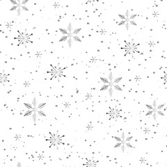 Silver snowflakes and dots on white background. Noble winter christmas seamless repeat pattern. Metallic effect. Perfect for print, background and textile designs. Vector illustration.
