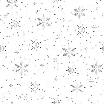 Silver snowflakes and dots on white background. Noble winter christmas seamless repeat pattern. Metallic effect. Perfect for print, background and textile designs. Vector illustration.