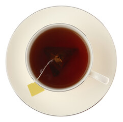 Tea bag in cup of hot water isolated on white, top view