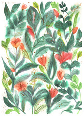 A floral watercolor illustration is well suited for interior decoration or postcards. A hand-drawn picture conveys the texture of watercolor paper and the brightness of colors.