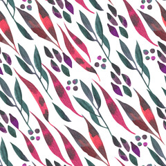 Seamless watercolor pattern with colorful leaves with a characteristic watercolor paper texture. Bright pink and green watercolor leaves.