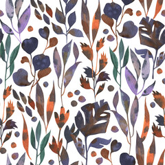 Autumn delicate color of plants and hand drawn watercolor elements. Pattern with colorful leaves with characteristic watercolor paper texture. 