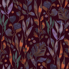 Seamless watercolor pattern with colorful leaves with a characteristic watercolor paper texture. Autumn delicate color of flowers and hand drawn watercolor elements.