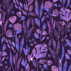 Watercolor pattern with colorful leaves with a characteristic watercolor paper texture. Violet delicate color of flowers and hand drawn watercolor elements.