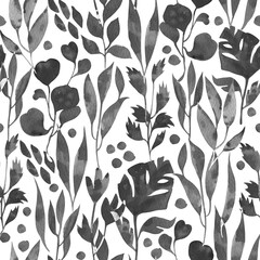 Black and white watercolor pattern with graphic leaves with characteristic watercolor paper texture. Hand drawn watercolor elements collected in a seamless pattern on a white background.