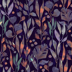 Seamless watercolor pattern with colorful leaves with a characteristic watercolor paper texture. Autumn delicate color of flowers and hand drawn watercolor elements.