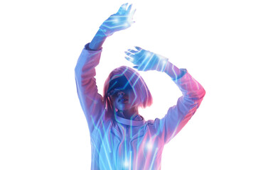 Double exposure of woman and futuristic holographic interface to display data. Female in futuristic...