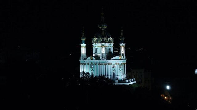 Andreevsky church. Ukrainian Autocephalous Orthodox Church. Drone video. Night. Kyiv, Ukraine.