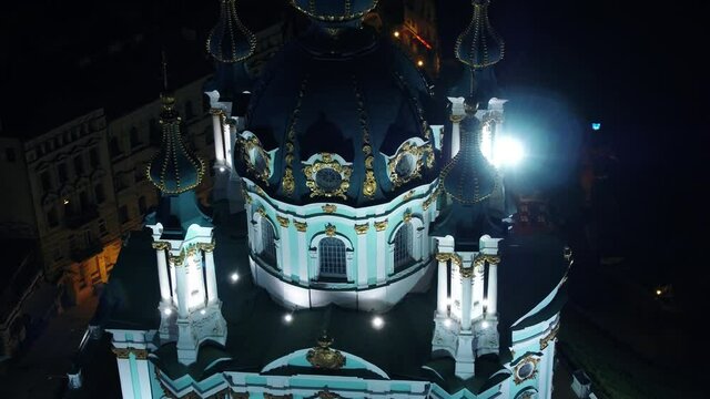 Andreevsky church. Ukrainian Autocephalous Orthodox Church. Drone video. Night. Kyiv, Ukraine.