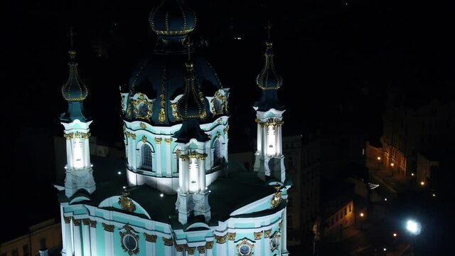 Andreevsky church. Ukrainian Autocephalous Orthodox Church. Drone video. Night. Kyiv, Ukraine.