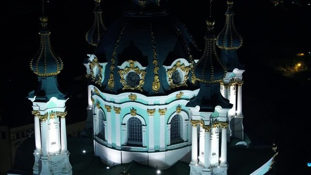 Andreevsky church. Ukrainian Autocephalous Orthodox Church. Drone video. Night. Kyiv, Ukraine.