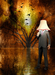 Businessman with lamp shade and pull switch