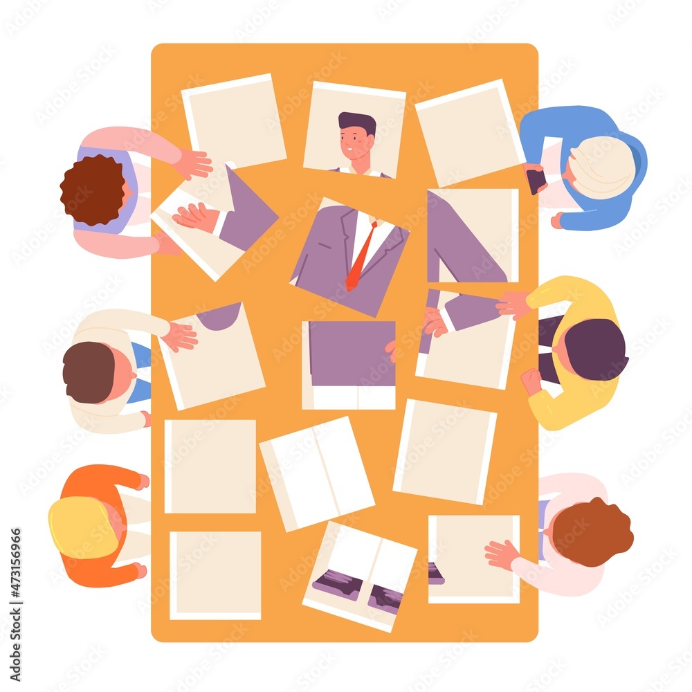 Sticker team collect worker. cut parts photo, people fold puzzle. teamwork, group find boss or employee. rec