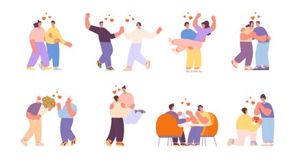 Couple in love characters. Courtship, man woman on date. Romantic bouquet present, boyfriend hug girlfriend. Lovers together on valentine day utter vector set