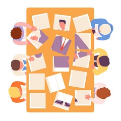 Team collect worker. Cut parts photo, people fold puzzle. Teamwork, group find boss or employee. Recruitment service, hr managers utter vector scene