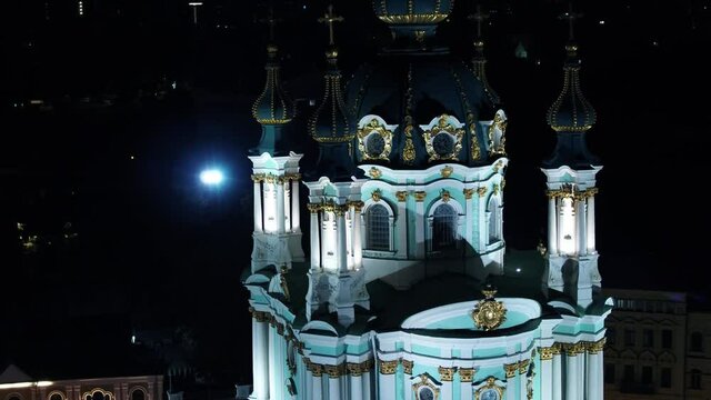 Andreevsky church. Ukrainian Autocephalous Orthodox Church. Drone video. Night. Kyiv, Ukraine.