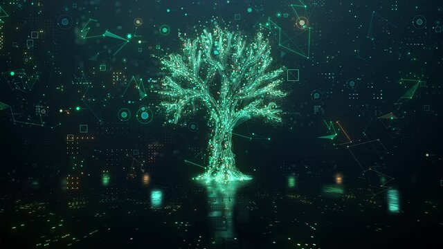 Big data cloud computing in the shape of a large tree. AI network technology or Green and Renewable energy concept. 3d animation background