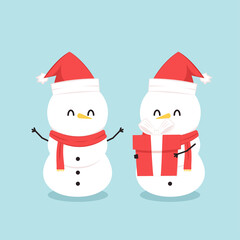 Snowman character design. Snowman vector illustration on blue background.