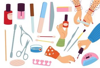 Manicure. Manicured hands, beauty nail treatment. Vintage salon hand cosmetics. Spa or pedicure, art arm care equpment decent vector collection