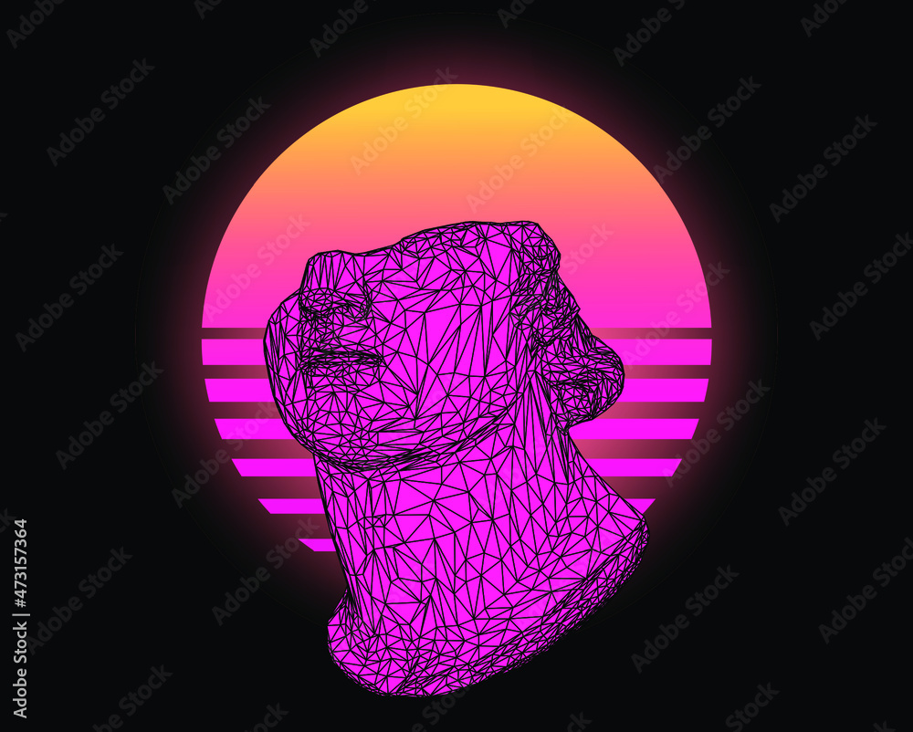 Aufkleber 3d model of a fragmentary colossal head of a youth sculpture in cyberpunk retrowave style. bust made