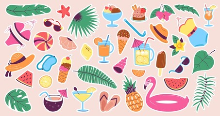 Summertime stickers. Cute tropical beach elements, fruit, lemonade jar and food. Travel and vacations, seasonal patch. Fashionable decent vector kit